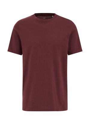 Burgundijska majica kratkih rukava od mekog materijala, s okruglim izrezom i ravnim krojem bez vidljivih uzoraka ili naglasaka.