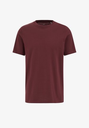 Burgundijska majica kratkih rukava od mekog materijala, s okruglim izrezom i ravnim krojem bez vidljivih uzoraka ili naglasaka.