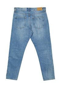 Jeans in denim azzurro chiaro con un design a gamba dritta, cinque tasche e un'etichetta sulla vita. Presentano una texture sbiadita e dettagli di cucitura.