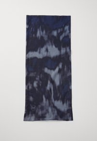 Buff nákrčník v tmavo modrom a šedom batikovanom vzore, vyrobený z ľahkého, elastického materiálu. V rohu sa nachádza logo.