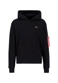 Sort hættejakke med kængurulomme, en lynlåslomme på ærmet, guld logo detalje og rød mærkat. Fremstillet af blødt stof med ribbede manchetter.