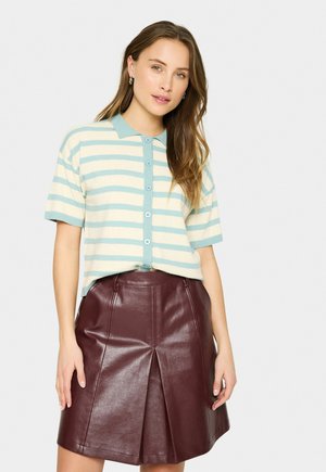 Polo à rayures en bleu pastel et crème avec des manches courtes, présentant une fermeture par boutons à l'avant. Associé à une jupe en cuir bordeaux en forme de A.