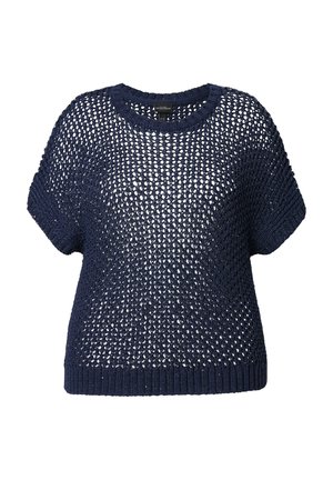 Pull tricoté bleu marine avec un tissage lâche, col rond et manches courtes. Présente des bordures côtelées aux poignets et à l'ourlet.