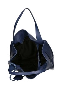 Blauwe leren shopper met een ruim interieur. Heeft een gladde textuur, dubbele hengsels en een binnenvak met rits.