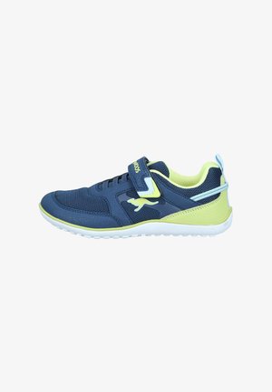 Navy blue and lime green child’s sneaker with mesh, hook-and-loop strap, and white rubber sole, side view.