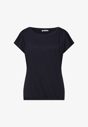 Top negro de mujer de manga corta con escote redondo y mangas ligeramente fruncidas, hecho de tela ligera.