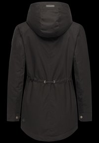 Černá venkovní bunda s kapucí, stahovací pas, logo akcenty a knoflíkové manžety. Hladká, vodoodpudivá tkanina.