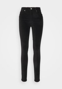 Calças de veludo cotelê pretas com um corte slim, cintura alta, textura subtil e design de cinco bolsos. Apresenta um fecho de botão na frente.