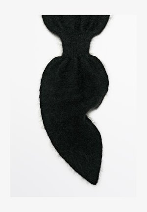 Black knitted scarf featuring a unique, elongated shape with a fuzzy texture. The design includes a rounded top and a pointed end.