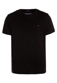 Schwarzes Kurzarm-T-Shirt aus Bio-Baumwolle. Verfügt über einen Rundhalsausschnitt und ein kleines Logo-Highlight auf der Brust. Weicher Stoff.