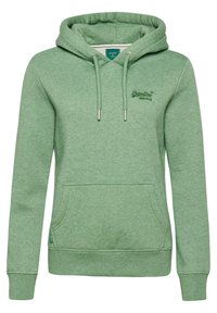 Felpa verde in morbido materiale, con tasca frontale, cordini regolabili e logo ricamato. Design classico a vestibilità rilassata.