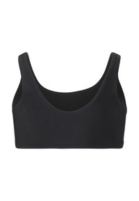 Svart sportbh gjord av slät tyg med rund halsringning, tjocka axelremmar och en sömlös design för komfort.