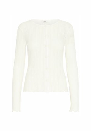 Weißer, langärmeliger Cardigan aus Rippstoff mit Rundhalsausschnitt und Knopfverschluss, der einen welligen Saum und Bündchen hat.