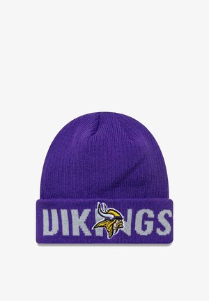 Le bonnet en tricot violet présente un revers avec "VIKINGS" en gris et un logo de Viking brodé en jaune à l'avant.