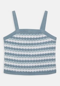 Dziergany krótki top z regulowanymi ramiączkami; posiada falisty wzór w odcieniach niebieskiego i białego; miękka tekstura z dopasowanym krojem.