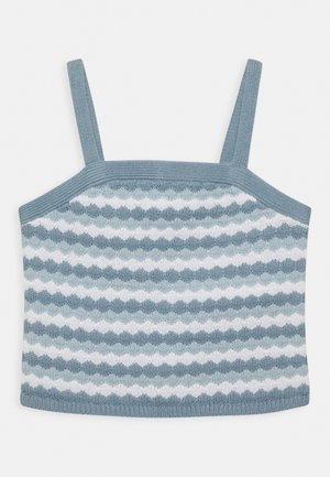 Top corto a maglia con spalline regolabili; presenta un motivo ondulato in sfumature di blu e bianco; tessuto morbido con una vestibilità aderente.