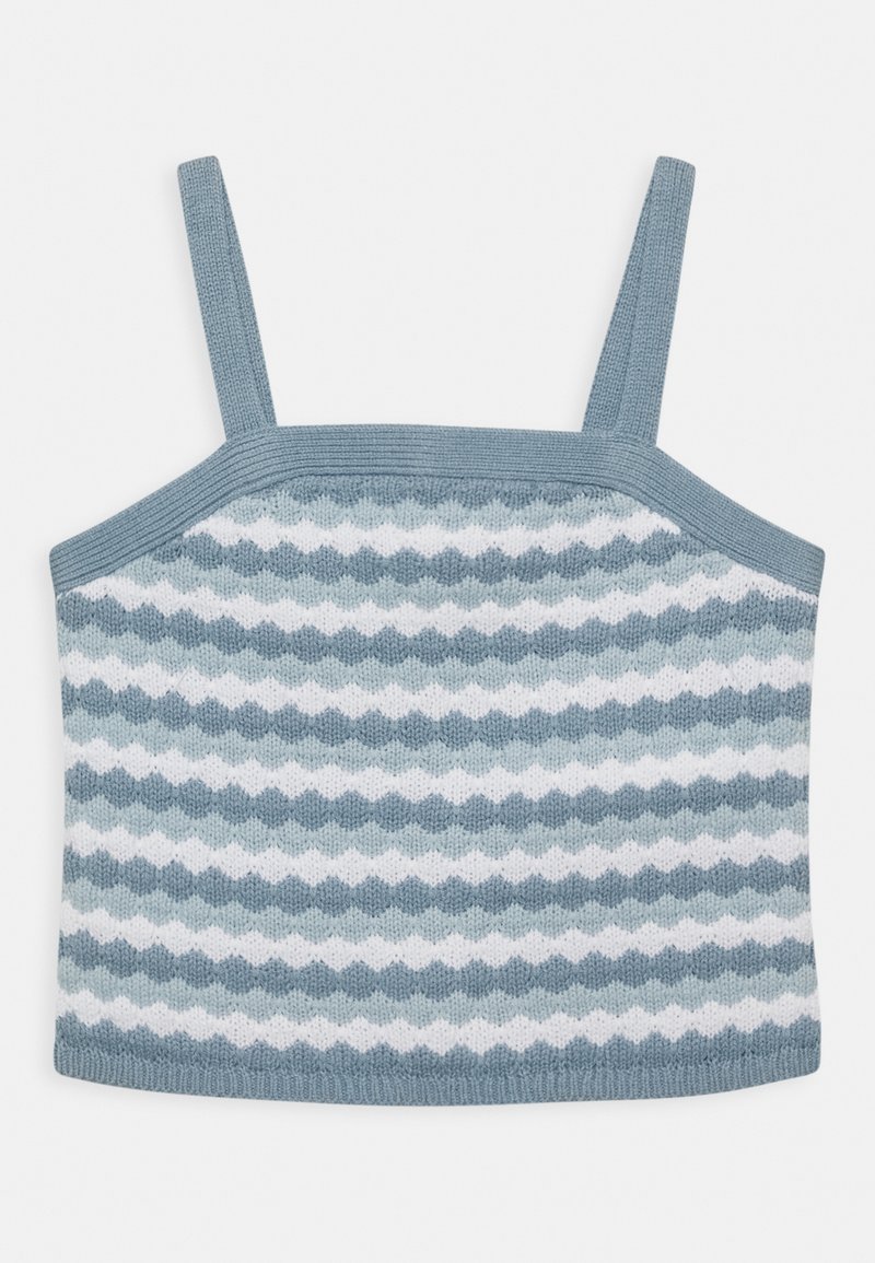 Dziergany krótki top z regulowanymi ramiączkami; posiada falisty wzór w odcieniach niebieskiego i białego; miękka tekstura z dopasowanym krojem.
