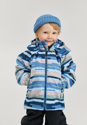 Giacca multicolore per bambini con una combinazione di righe blu, verde e beige, dotata di cappuccio e polsini elasticizzati per una vestibilità aderente.