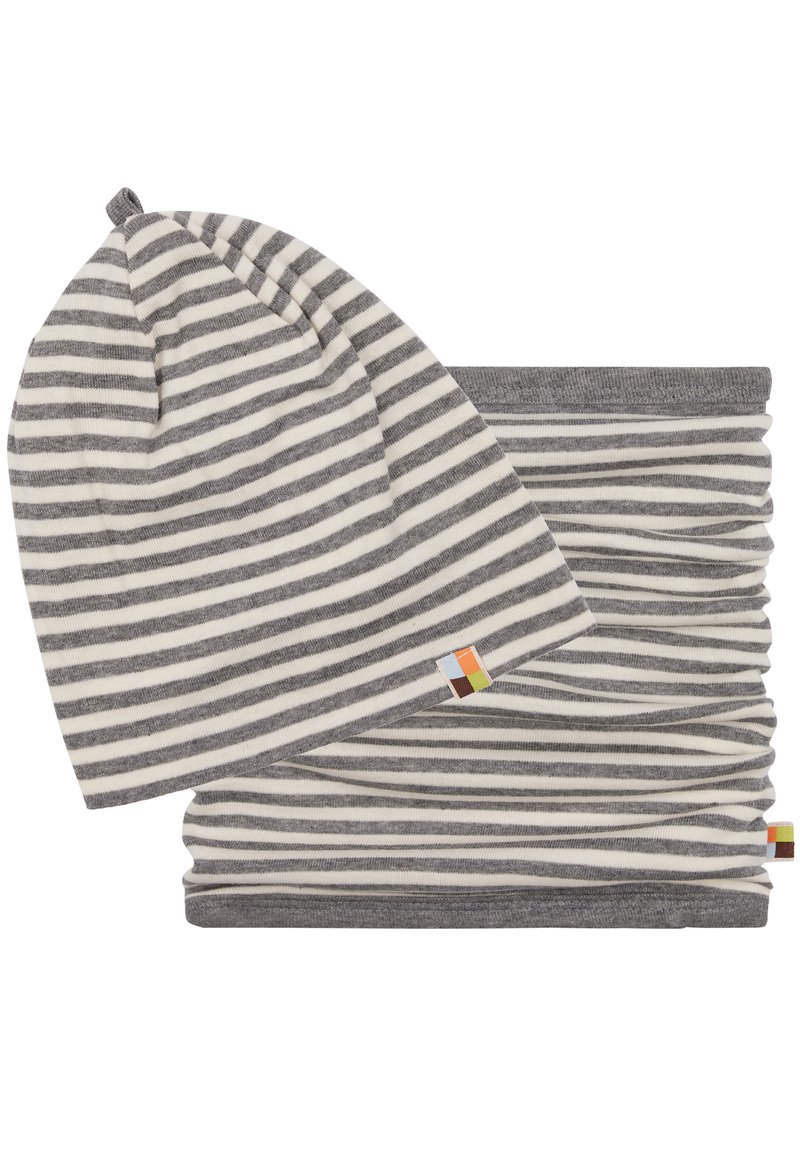 Beanye a maglia grigia e bianca a righe e scaldacollo abbinato. Tessuto morbido, parte superiore arrotondata del cappello e design elasticizzato per il massimo comfort.