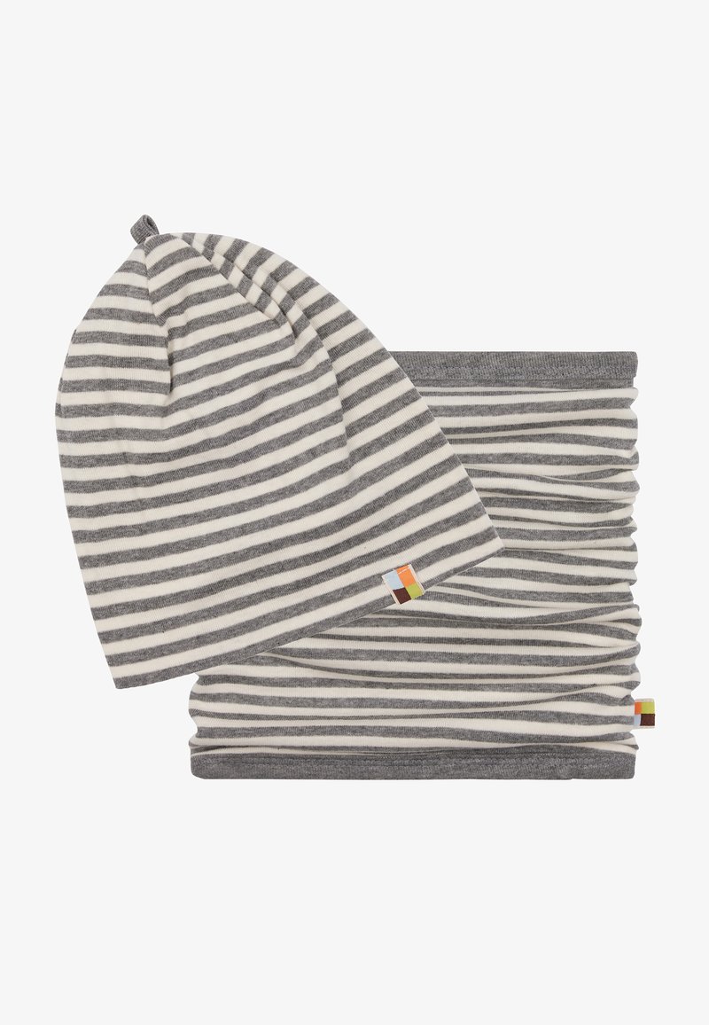 Beanye a maglia grigia e bianca a righe e scaldacollo abbinato. Tessuto morbido, parte superiore arrotondata del cappello e design elasticizzato per il massimo comfort.