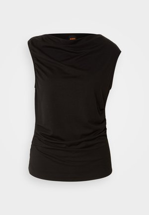 Top senza maniche nero realizzato in tessuto morbido, con scollatura drappeggiata e dettagli laterali arricciati per una silhouette aderente.