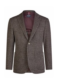 Brown textured men's blazer with two front pockets, single-button closure, notched lapel, and maroon patterned inner lining.