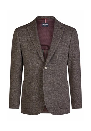 Brauner strukturierter Herrenblazer mit zwei Fronttaschen, Ein-Knopf-Verschluss, Reverskragen und weinroter gemusterter Innenauskleidung.