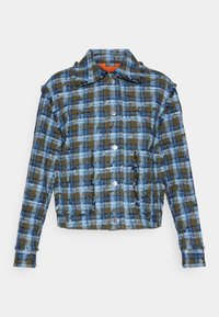 Blau- und grün karierter Blazer mit Kragen, Knopfverschluss und verkürztem Design. Verfügt über fransige Details an den Ärmeln.