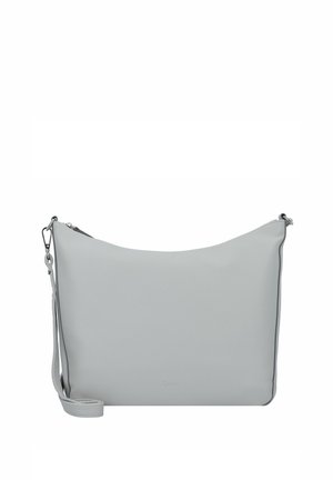 Sac à épaule en cuir texturé gris avec un design simple et courbé, une bandoulière réglable et une fermeture à glissière sur le dessus. Accessoire élégant et fonctionnel.