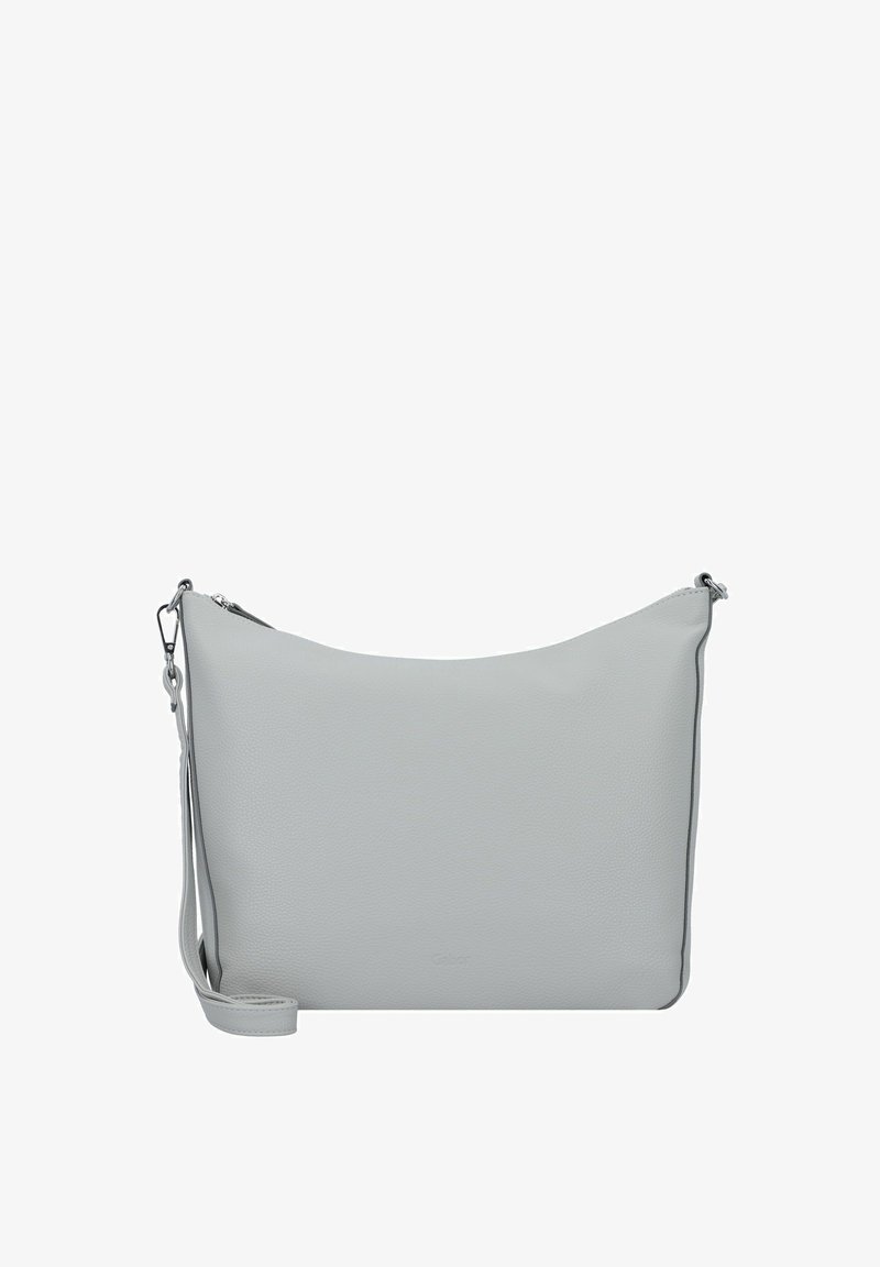 Borsa a spalla in pelle grigia con texture, dal design semplice e curvo, con tracolla regolabile e chiusura superiore a zip. Accessorio elegante e funzionale.