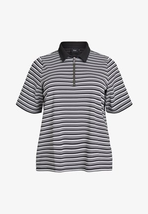 Mustvalge triibuline polo särk, millel on lukkudega krae, lühikesed varrukad ja mugav lõige, millel on sile tekstuur ja kerge kangas.
