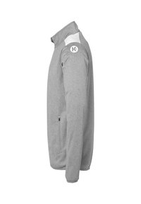 Gray zip-up jacket with a high collar, featuring white accents on the shoulder, side zip pocket, and a graphic logo on the sleeve.