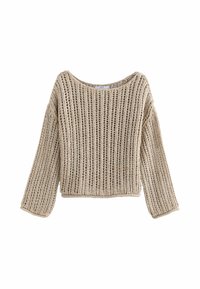 Beige strikket sweater med bred halsudskæring og lange ærmer, med et åbent stingmønster og en kort skåret kant. Tekstureret stof med ribbet detaljer.