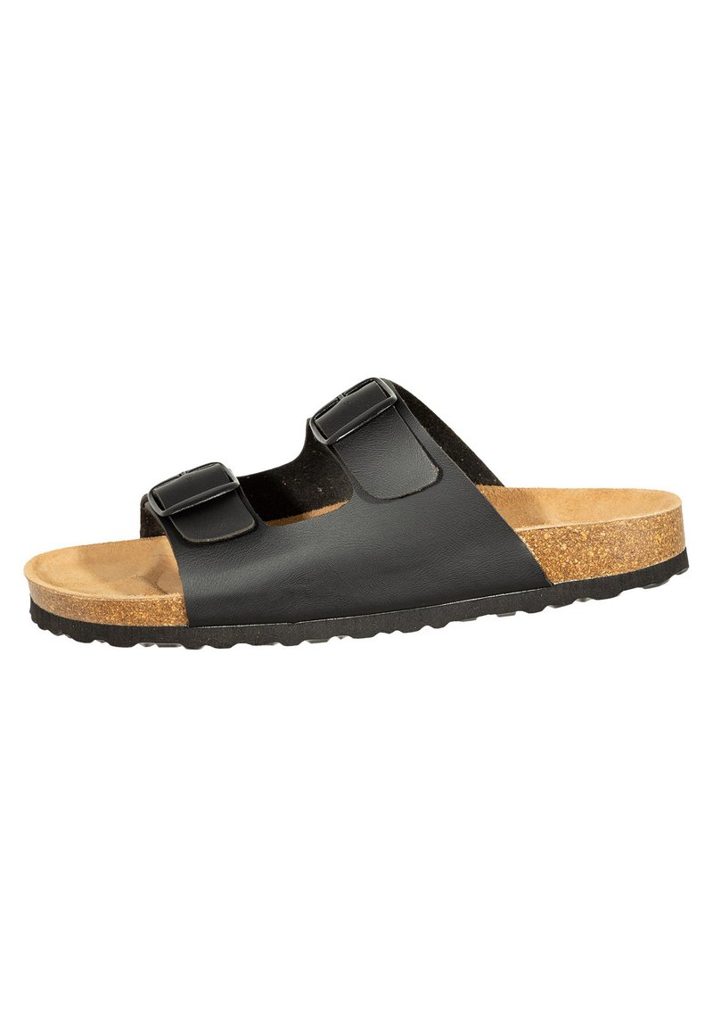 Black leather sandal with two adjustable straps, cork footbed, and a textured rubber sole. Features a flat design and open-toe style.