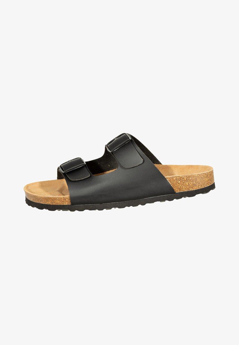 Black leather sandal with two adjustable straps, cork footbed, and a textured rubber sole. Features a flat design and open-toe style.