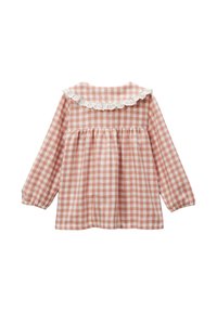 Blouse à manches longues à carreaux roses et blancs avec un col en dentelle et un détaillage froncé au niveau du buste. Tissu en coton doux, coupe décontractée.