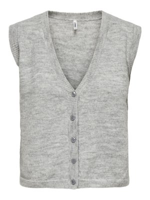 Cardigan sin mangas de punto gris claro con escote en V y cinco botones frontales, tela de textura suave, estilo casual.
