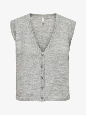 Cardigan sin mangas de punto gris claro con escote en V y cinco botones frontales, tela de textura suave, estilo casual.