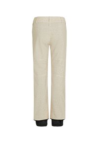 Beige broek met een subtiele gemusterde textuur, rechte snit en zwarte elastische boorden bij de enkels voor een verstelbare pasvorm.