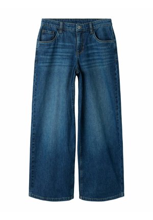 Jean à jambes larges en denim bleu foncé. Il est doté d'une fermeture à bouton et zip, de passants pour ceinture et de cinq poches avec des coutures discrètes.