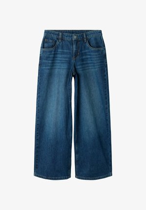 Jean à jambes larges en denim bleu foncé. Il est doté d'une fermeture à bouton et zip, de passants pour ceinture et de cinq poches avec des coutures discrètes.