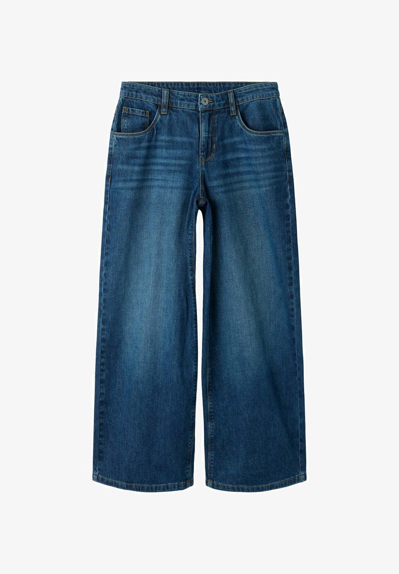 Jean à jambes larges en denim bleu foncé. Il est doté d'une fermeture à bouton et zip, de passants pour ceinture et de cinq poches avec des coutures discrètes.