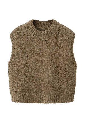Pull sans manches marron en tricot avec un col rond et un motif texturé, doté d'un ourlet côtelé épais et d'une apparence douce et duveteuse.