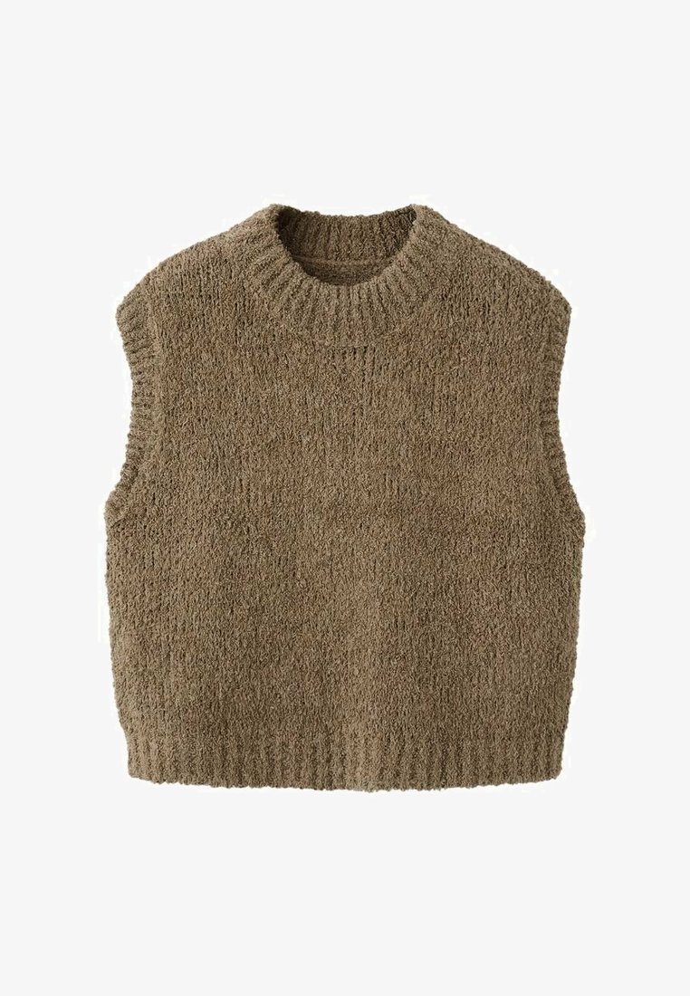 Pull sans manches marron en tricot avec un col rond et un motif texturé, doté d'un ourlet côtelé épais et d'une apparence douce et duveteuse.