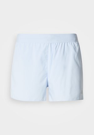 Shorts de sport bleu clair en tissu lisse, avec une taille élastique et un logo discret sur le côté.