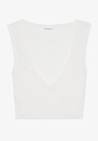 Top scurt alb, cu decolteu adânc în V, realizat dintr-un material moale și elastic. Are bretele late și un design ajustat.