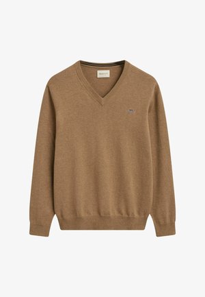 Brown v-neck sweater made of soft fabric, featuring ribbed cuffs and hem, with a small embroidered logo on the left chest.