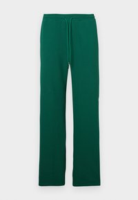 Pantaloni de trening verde închis, cu talie elastică și șnur, cu croială dreptă, expuși pe un fundal alb simplu.