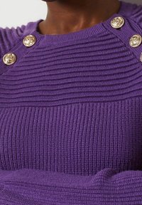 Paarse gebreide trui met ribbelstructuur, horizontale strepen en gouden knoopaccenten op één schouder. Zachte stof en slim fit ontwerp.