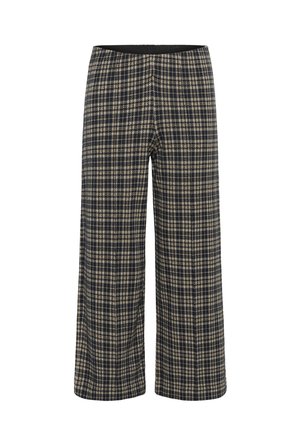 Pantalons larges à motif écossais avec des couleurs marine, beige et crème. Fabriqués en tissu doux avec une ceinture élastique.